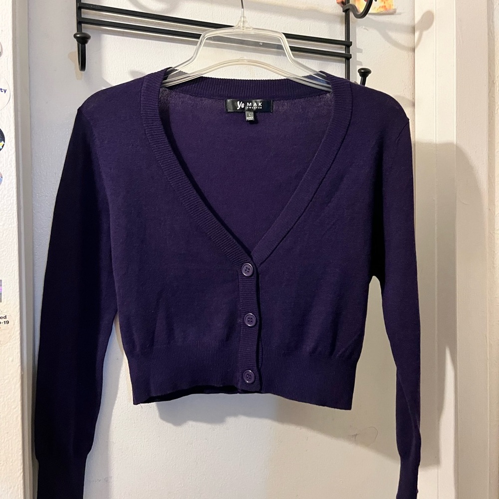 Ye Mak- size L- purple stretch crop cardigan w/ buttons. EUC.